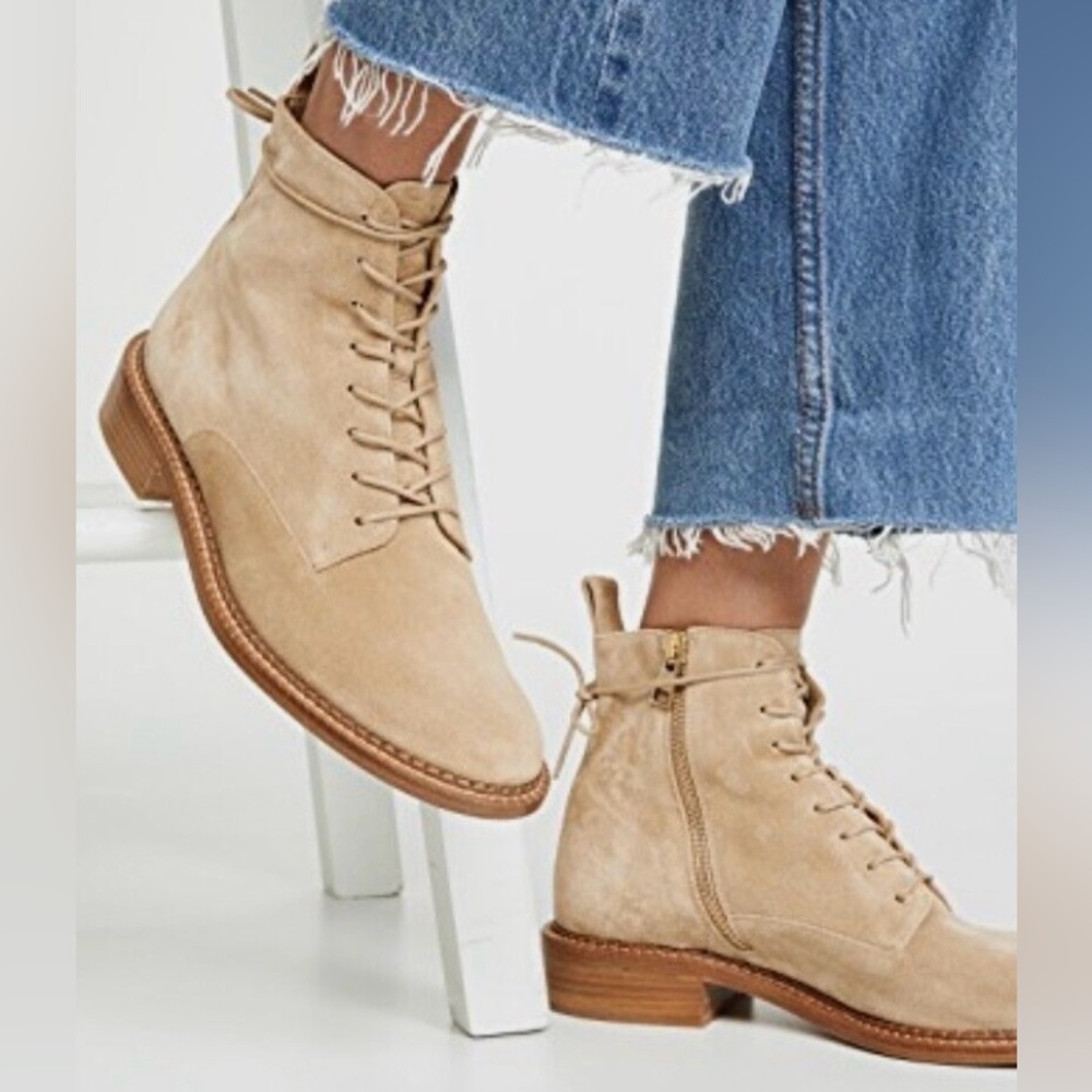 Vince Cabría Suede Leather Lace-Up Zip Ankle Boots in Beige Sand or Almond Color